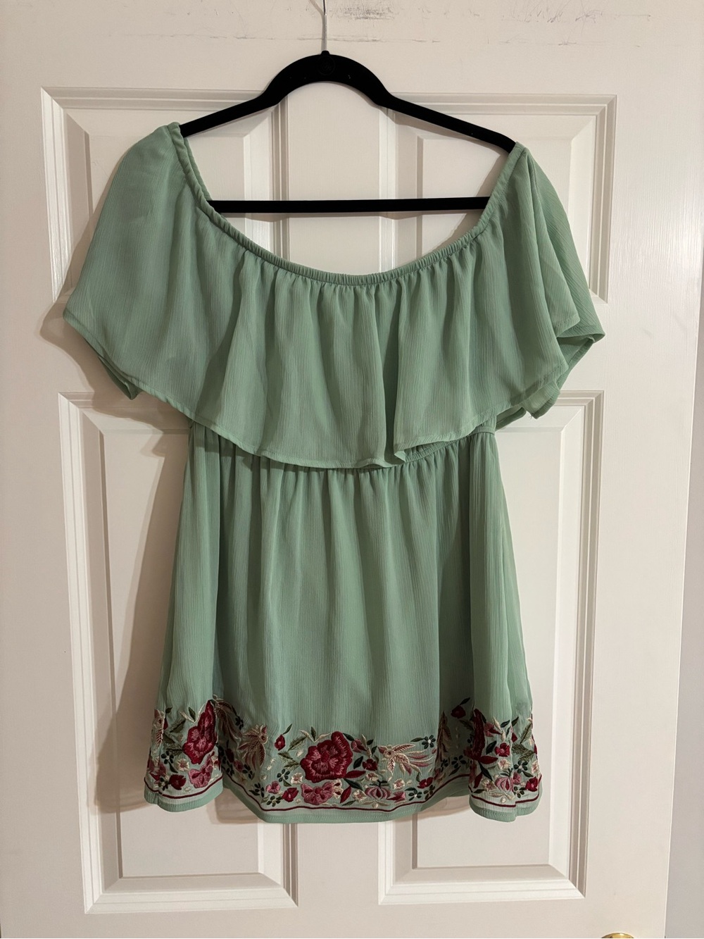 Vava by Joy Han Mint Green Off-Shoulder Embroidered Hem Tunic